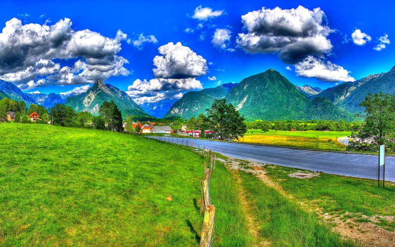 field, Slovenia, clouds, Bovec, the fence, 2K, home, mountains, Tolmin, road, trees, grass, HDR