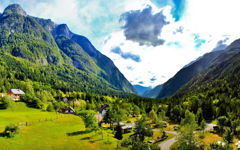 grass, 1080P, clouds, road, valley, home, the sky, nature, mountains, Slovenia, bovec, trees