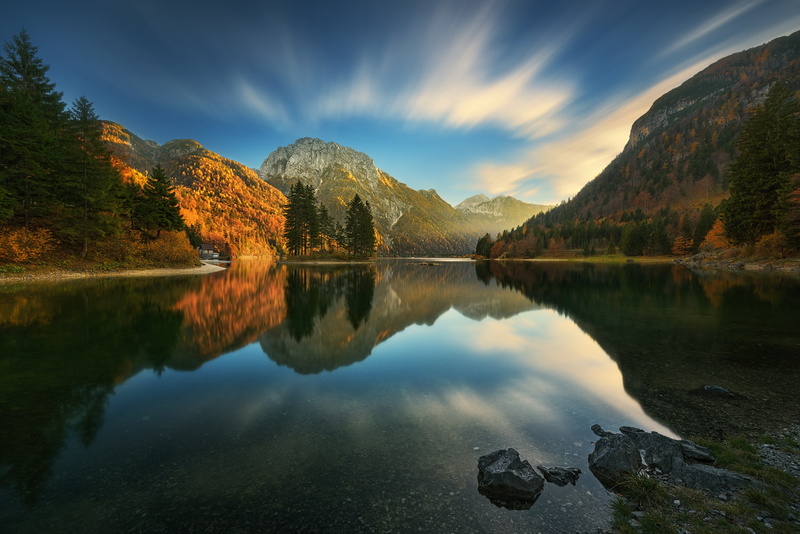 mountains, landscape, house, mirrored, trees, rocks, lake, reflection, forest, 720P, horizon, clouds, nature, sky, Krzysztof Browko