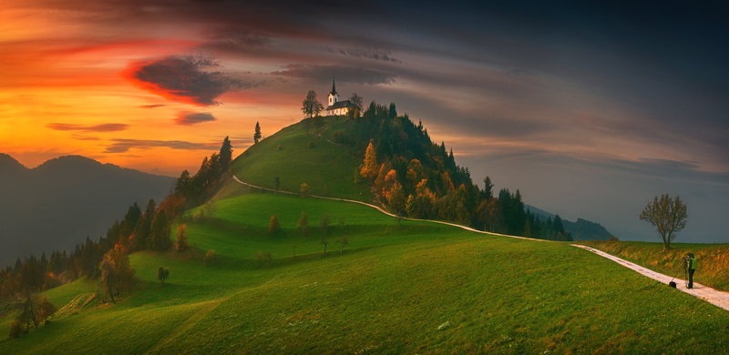 landscape, forest, peak, sky, 720P, horizon, Krzysztof Browko, road, trees, red sky, church, hill, clouds, sunset