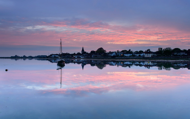 Lake, UK, Town, England, Sunset, Water, Evening, Boat, Houses, 1080P