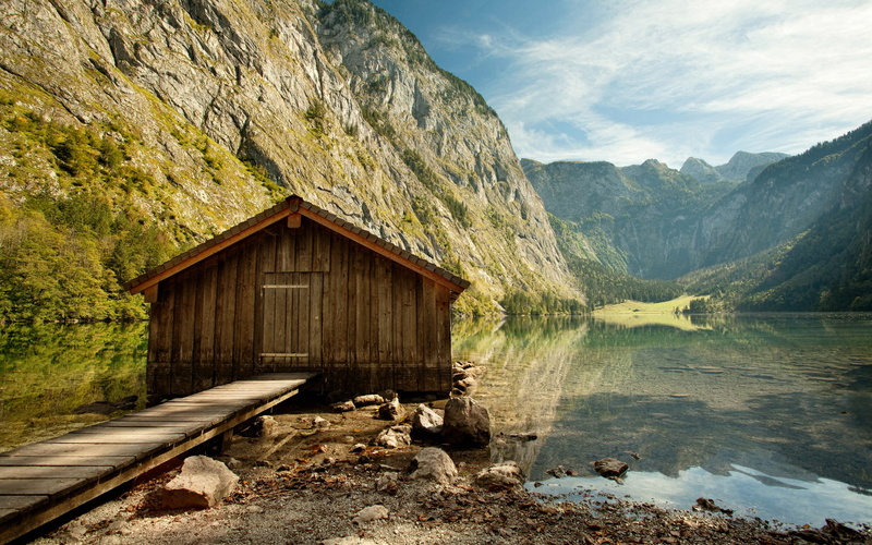rocks, shed, house, boat, lake, nature, stones, mountains, hd, 2K