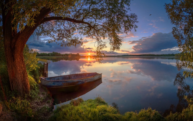 lake, sunset, resolution, hd, widescreen, boat, summer, 2K, willow