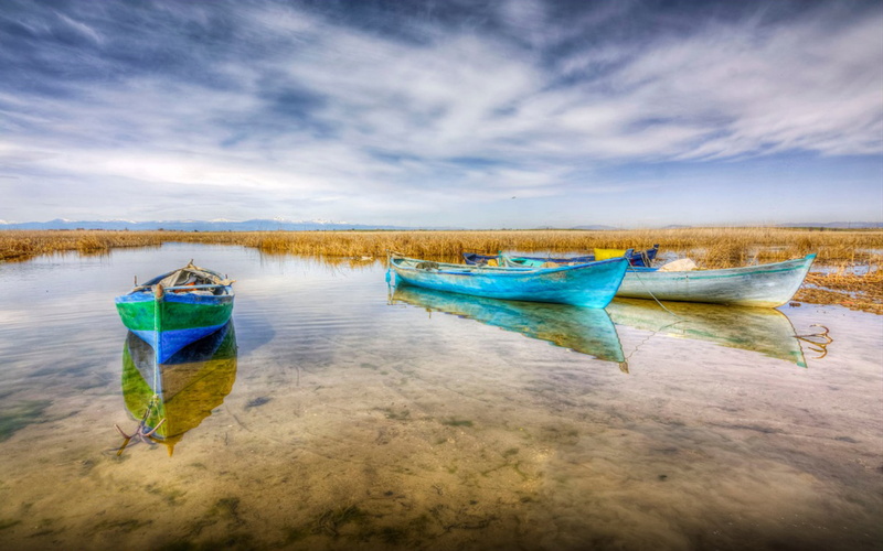 summer, moored, land, cloud, reed, beauty in nature, nautical vessel, 2K, no people, reflection, day, rowboat, boats, sky, tranquil scene, mode of transportation