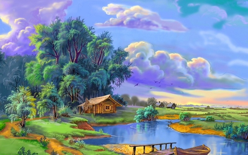 trees, river, summer, boat, 2K, house, picture