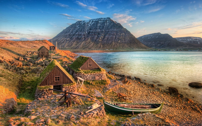  structures, 2K, purity, boat, buildings, houses, mountain, shore, lake
