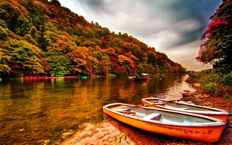 forest, reflection, 2K, hd, lake, boats, calm, trees, river, water, clouds, landscape, desktop, summer, sky, deciduous
