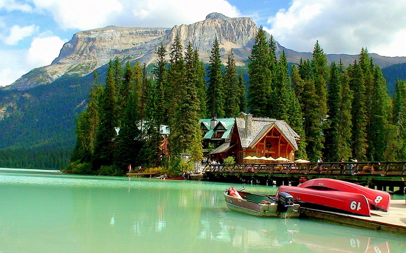 forest, mountain, pine, boats, lake, house, 2K