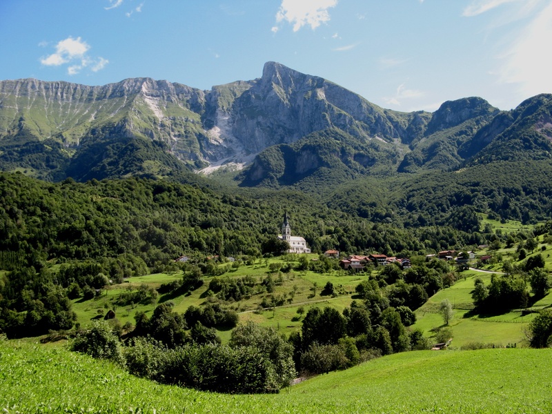mountain range, slovenia, church, outdoors, environment, yugoslavia, land, growth, kobarid, 2K, tranquil scene, summer, nature, non-urban scene, mountain