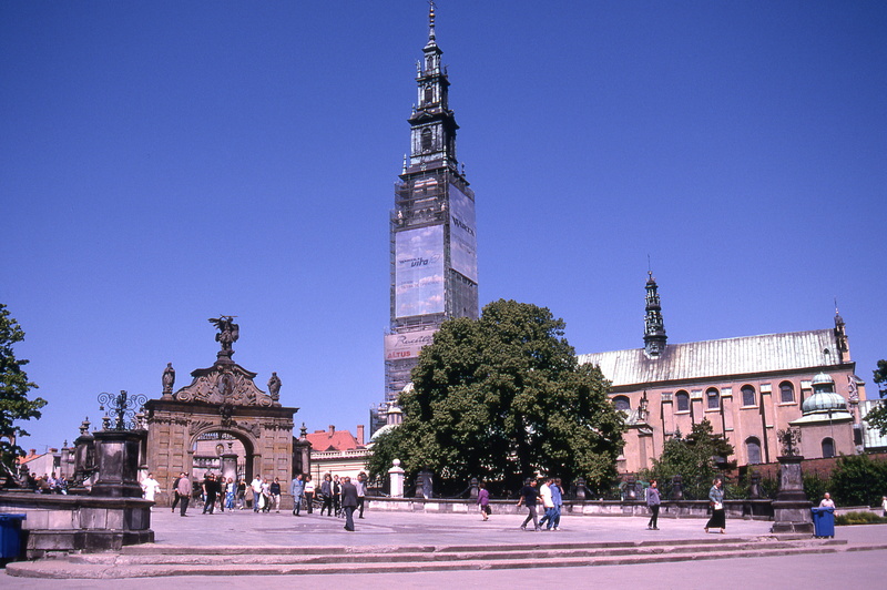 travel destinations, blue, built structure, the past, jasna gora, people, tower, spire, city, sky, poland, place of worship, building exterior, history