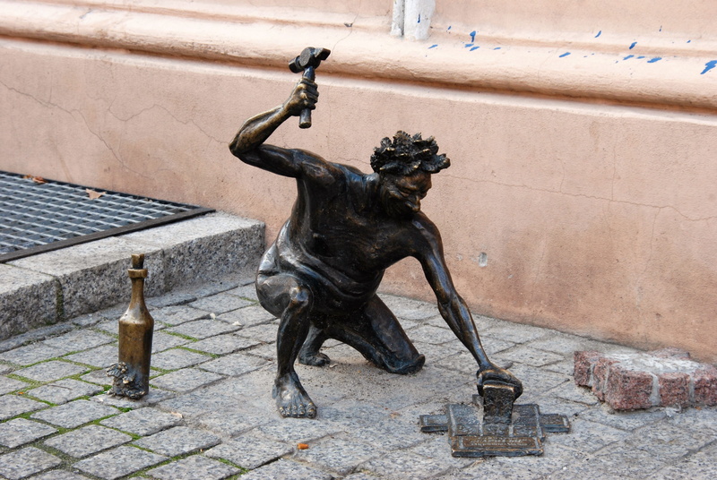 representation, no people, outdoors, male likeness, wine, building exterior, brass, nature, craft, zielona gora, bacchus, wall - building feature, image
