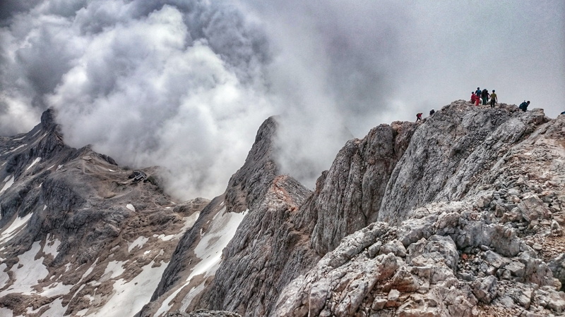 Triglav, hiking, men, day, leisure activity, outdoors, travel, physical geography, rock - object, 4K, Clouds, group of people, activity, rock formation