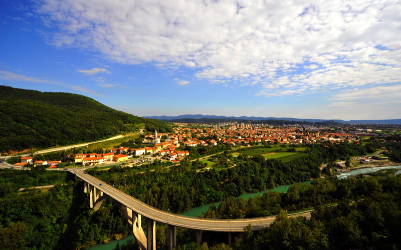 Slovenia, Clouds, 2K, River, green, Houses, Trees, City, Gorica, View, mountain, Road, Nova