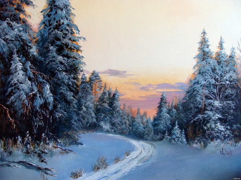 landscape, Alexander Lednev, snow, picture, Gorica in the woods, winter, trees in the snow, Winter forest, 1080P, painting