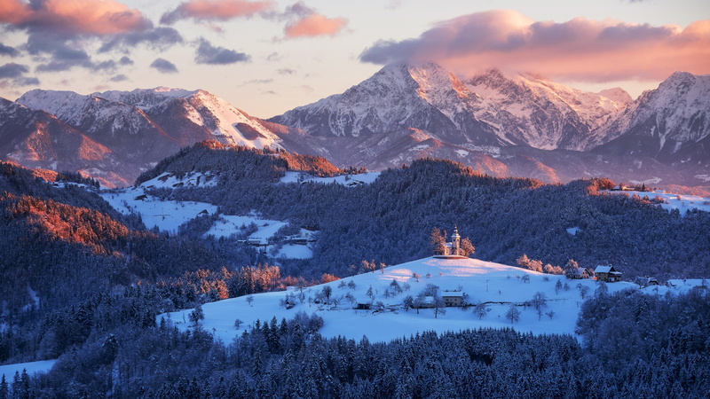 winter, alps, cloud, nature, mountain range, 4K, slovenia, st. thomas church, slovenian alps, countryside, carniola, europe, snow, skofja loka, sveti tomaz