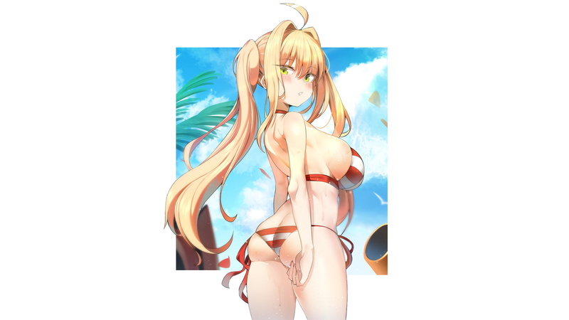 bikini, girl, 4K, sexy, fate stay, saber, Anime, pretty, fate, beach, red, Nero