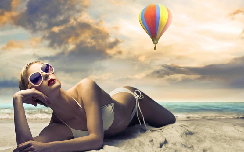 sky, clouds, sand, swimwear, women, models, sexy, clothes, fashion, water, blondes, sensual, girls, ocean, pose, style, bikini, sea, beaches, waves, 1080P