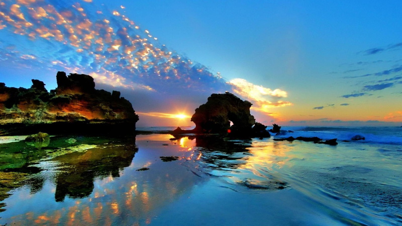 1080P, rocks, peninsula, sunrise, beach, nature and landscapes, clouds, mornington, australia, reflection