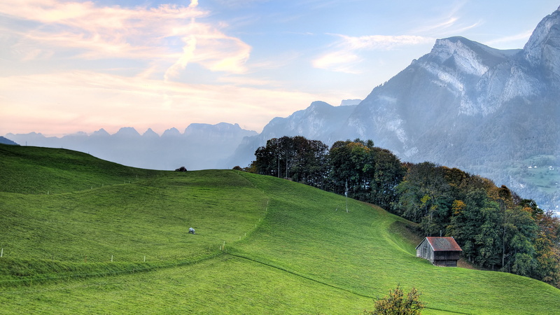 blue, beauty In Nature, tree, hill, famous Place, rural Scene, cloud - Sky, non-Urban Scene, mountain, idyllic, pasture, green Color, agriculture, meadow