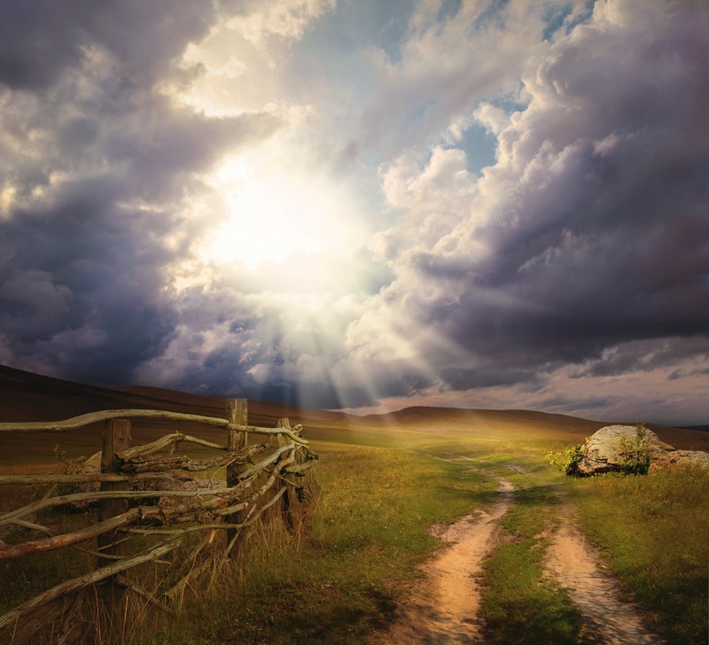 tranquility, grassfield, 1080P, story, cloud - Sky, fantasy, nature, summer, sunlight, cloudscape, tranquil scene, rays, outdoors, clouds, environment