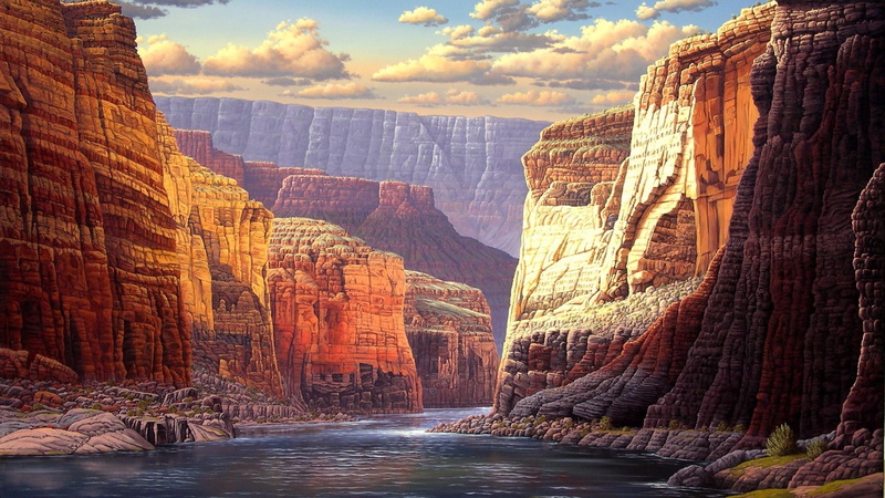 art, cliff, nature, landmark, national park, artistic, wilderness, 1080P, river, painting art, canyon, sky, artwork, cloud, rock, painting