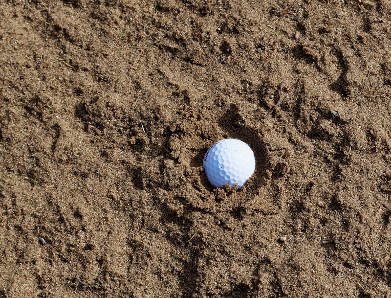 sand iron, stroke, leisure, shell, directly above, plugged lie, brown, action, land, footprint, golf, game, golfer, no people, bunker, 2K, iron, plugged
