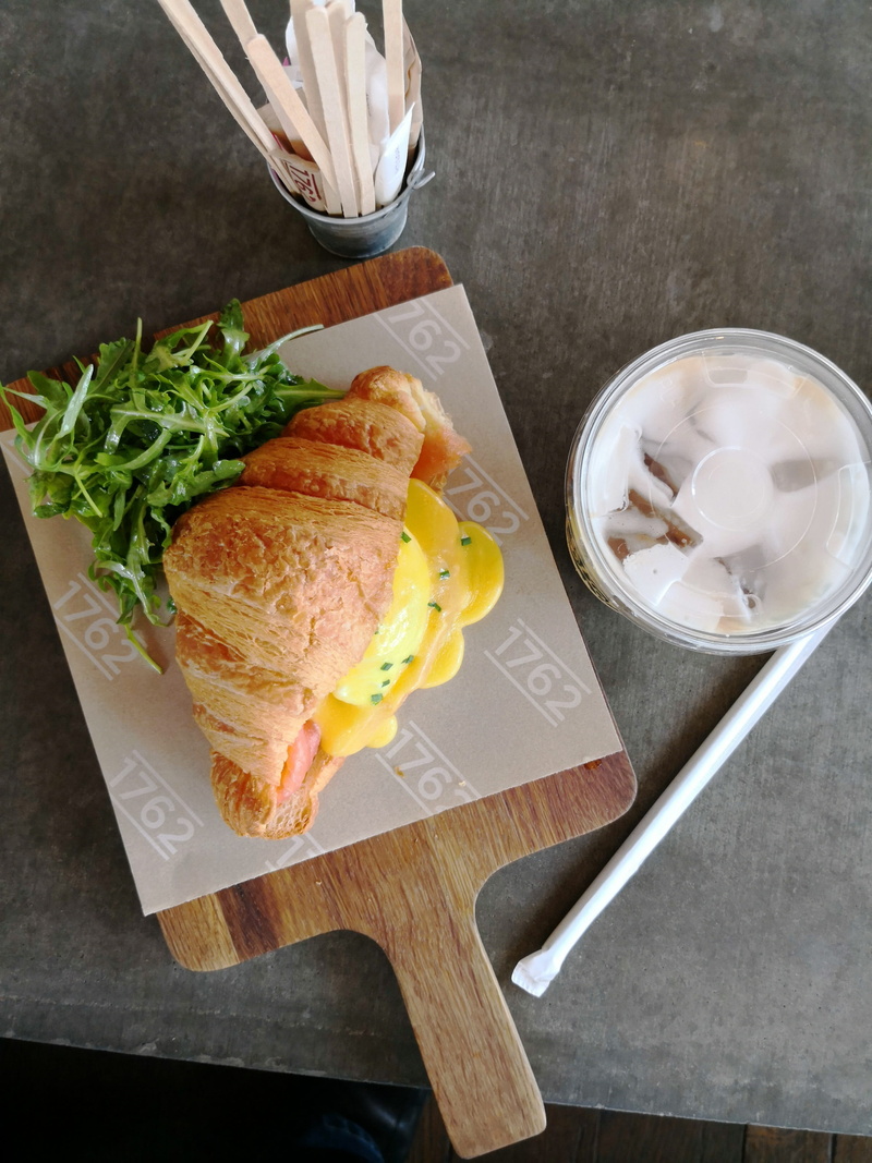 croissant, household equipment, wellbeing, directly above, poached eggs, drink, healthy eating, spoon, eating utensil, food and drink, lunch, food, ready-to-eat