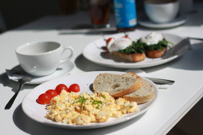 table, table knife, no people, bread, ceramic, vegetable, mug, meal, freshness, eating utensil, cup, plate, garnish, scrambled eggs, healthy eating, egg