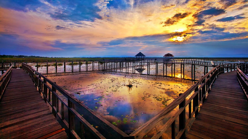 railing, sky, orange color, sunset, marsh, evening, no people, water, beauty in nature, long, bridge, national park, tranquil scene, 1080P, tranquility