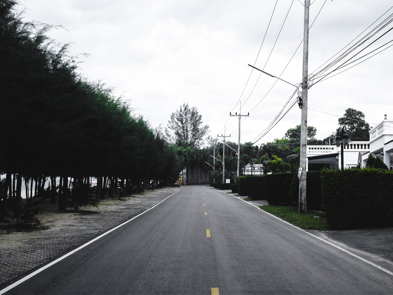 diminishing perspective, plant, power line, marking, direction, nature, connection, power supply, symbol, trees, sky, vanishing point, road, thailand, cable
