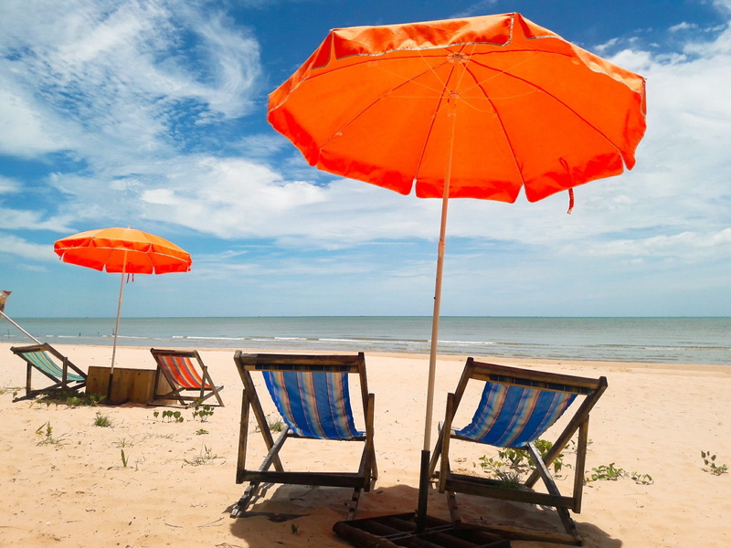 parasol, prachuap khiri khan, beach umbrella, the sun, chair, umbrella, no people, summer, 1080P, tranquility, sunrise, outdoors, outdoor chair, sky, scenics - nature