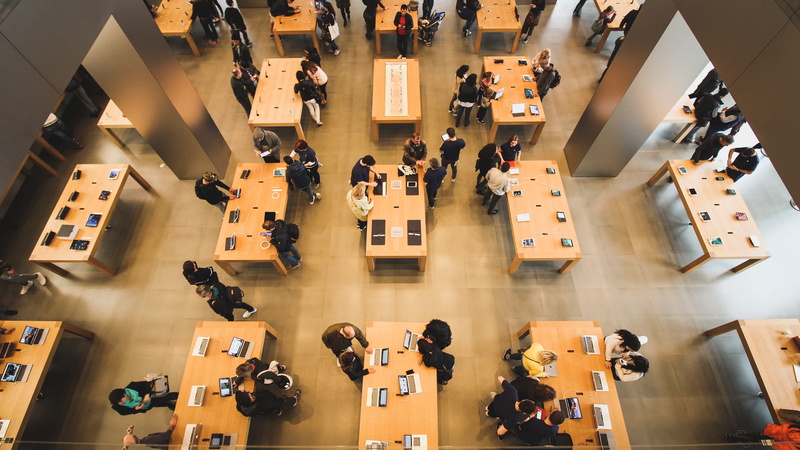 high angle view, indoors, real people, plaça de catalunya, wood, macbook, adult, modern, shopping mall, apple, barcelona, iphone, men, 4K, group of people