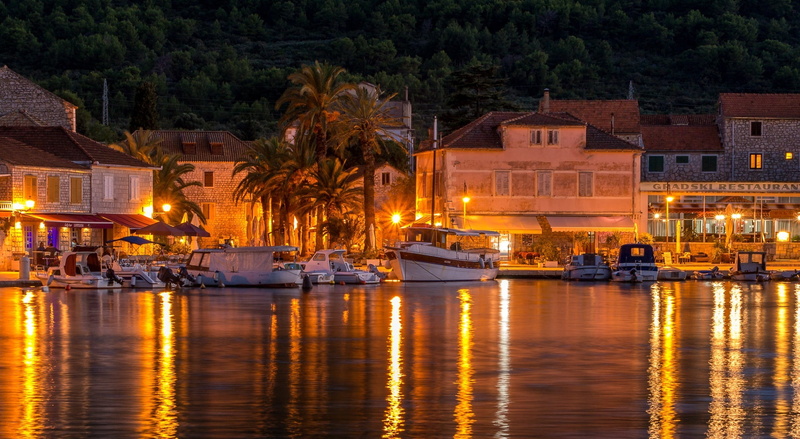 Travel, nautical vessel, water, reflection, mode of transportation, Holidays, tree, nature, canal, Town, Evening, Croatia, no people, Lights, passenger craft