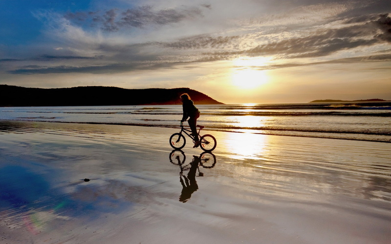 reflection, nature, bicycle, ocean, hd, sunset, beach, 1080P