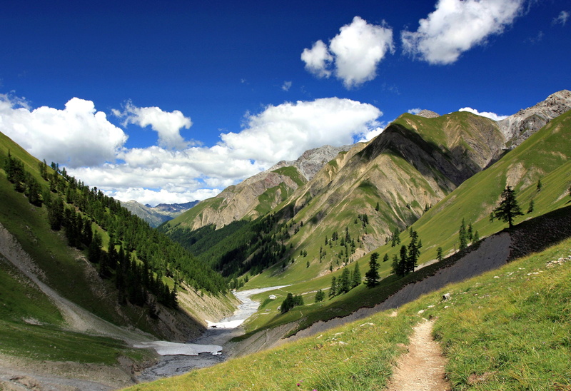 sky, mountains, Swiss Alps, clouds, landscape, summer, nature, 2K, tranquil scene, no people, landscapes, val, road, plant, scenics, tranquility, scenics - nature