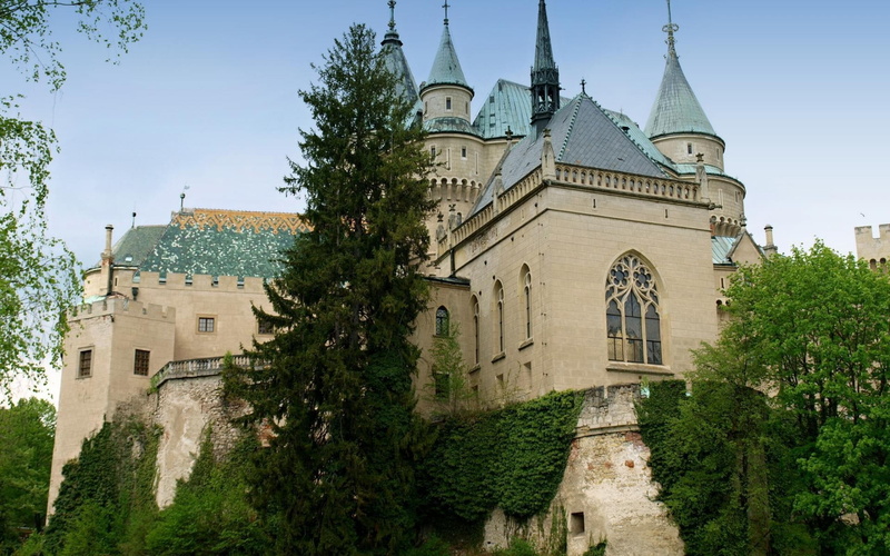 belief, tower, growth, Slovakia, day, castle, forest, sky, spirituality, building, green color, spire, architecture, trees, built structure, tree, no people