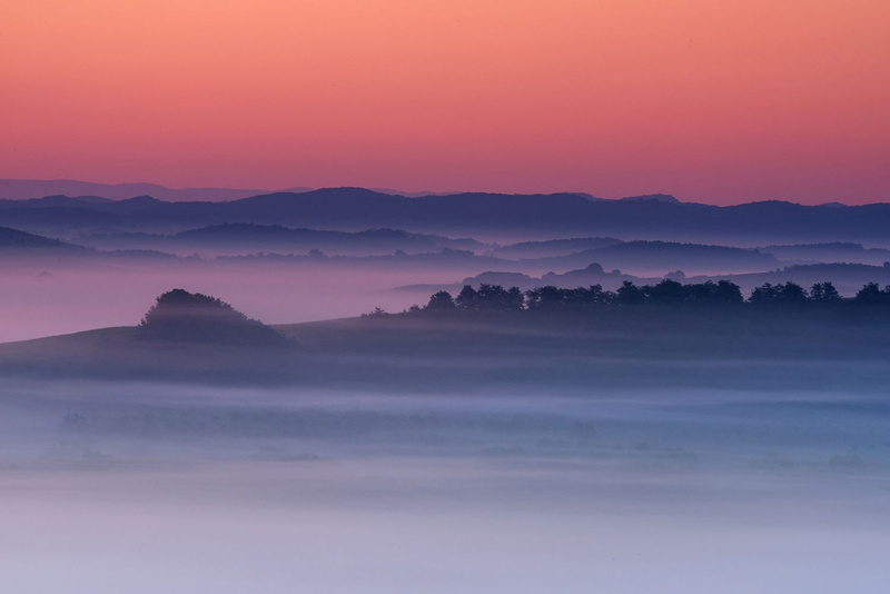 valley, sky, landscape, pink, Slovakia, photography, 720P, hills, nature, mist, morning