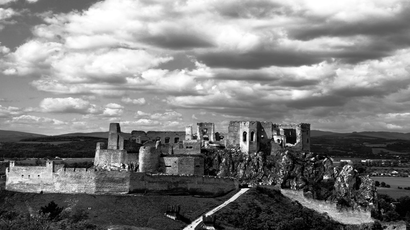 damaged, castle, travel, sky, history, hill, 1080P, building exterior, no people, nature, landscape, the past, rock, Slovakia, monochrome, outdoors, day