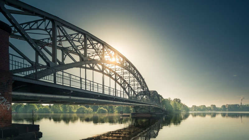 trees, alloy, river, outdoors, helmet, metal, sunlight, bicycle, reflection, connection, water, no people, 1080P, bridge, landscape, transportation, nature