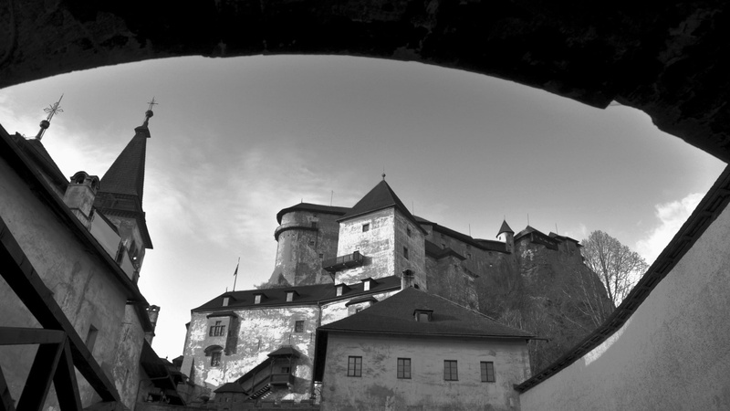 architecture, tower, Slovakia, 1080P, monochrome, arch, ancient, clouds, castle