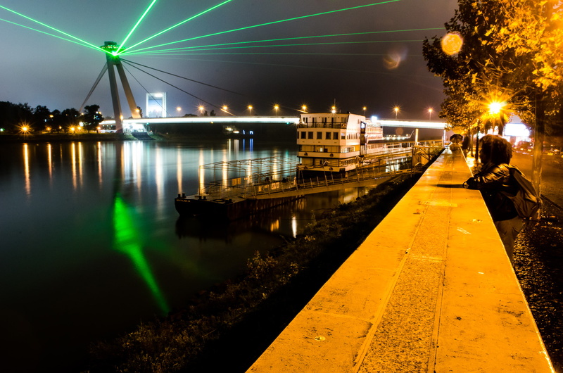Bratislava, mode of transportation, people, road, built structure, river, outdoors, 1080P, bridge, Slovakia, Donau, canal, lights, city, trees, tree, illuminated