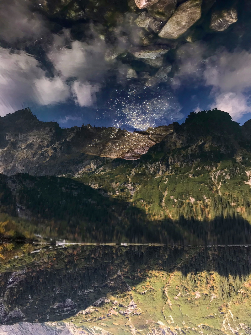sky, scenery, mountain range, art, tree, environment, lake, mountain, day, water, scenics - nature, landscape, peak, no people, morskie oko, reflection