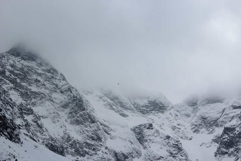 day, snowing, cold temperature, 5K, landscape, beauty in nature, scenics - nature, mountain peak, outdoors, polish tatras, fog, snowcapped mountain, morskie oko