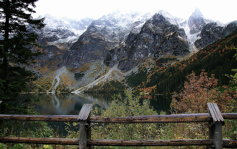 4K, idyllic, the high tatras, tranquility, wood - material, lake, morskie oko, non-urban scene, tranquil scene, poland, railing, landscape, mountains