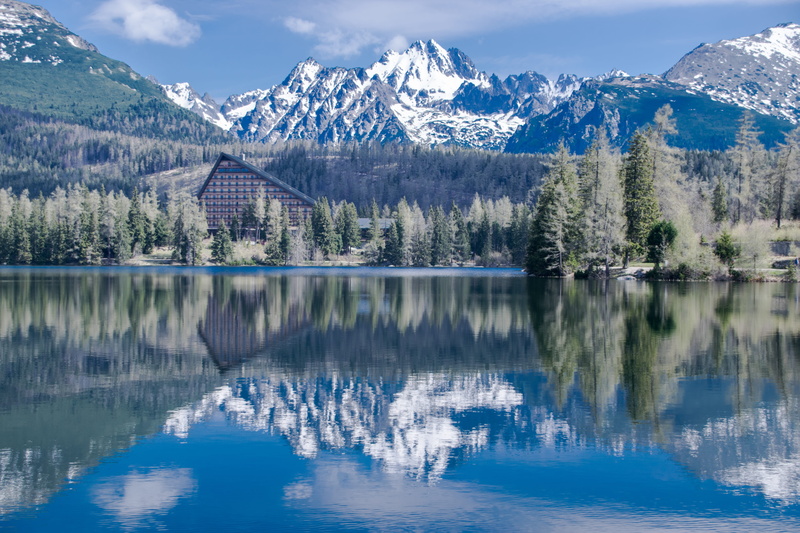 sky, pine tree, tranquility, idyllic, no people, body, lake, scenics - nature, pleso, mountain, high tatras, panorama, outdoors, slovakia, tranquil scene