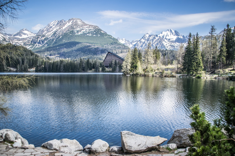 pine tree, beauty in nature, built structure, nature, high tatras, day, mountain range, pine woodland, brown, outdoors, reflection, no people, building exterior