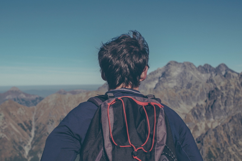 rear view, hairstyle, headshot, environment, one person, tranquil scene, slovakia, mountain, backpack, real people, wysokie tatry, looking at view, 4K