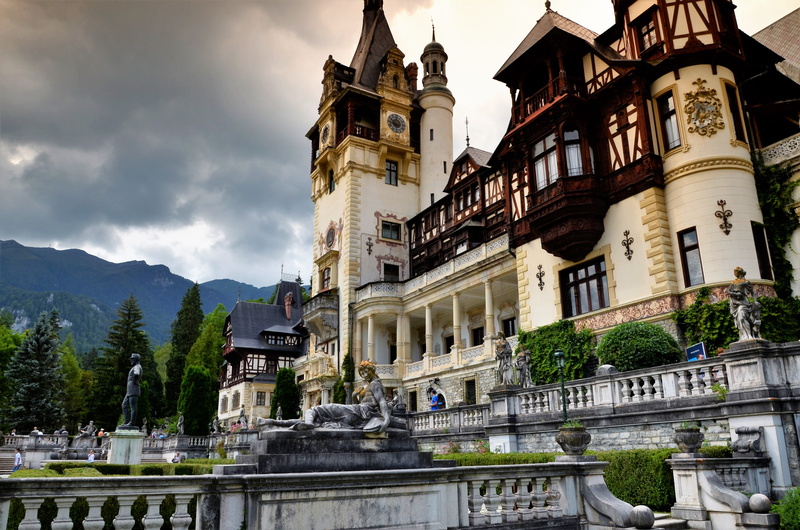white, building, peles castle, travel destinations, concrete, near, history, romania, low angle view, nature, architecture, karpaty, city, outdoors, statue