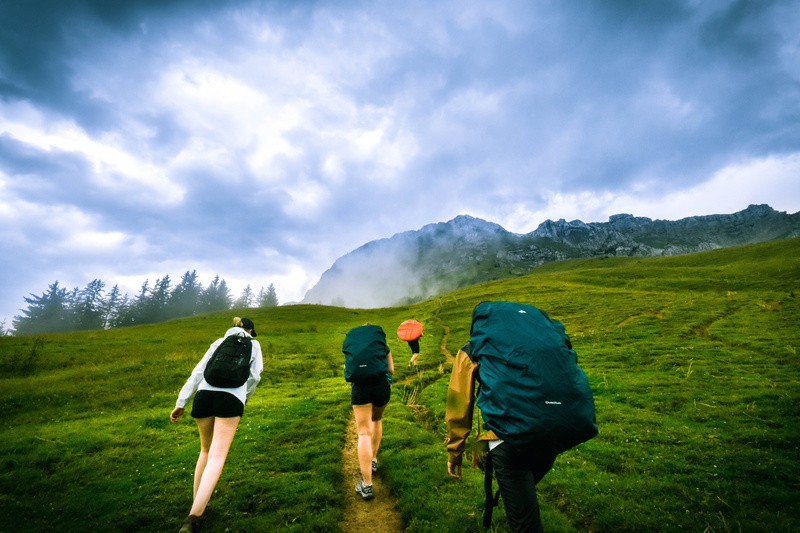 cloud - sky, follow, leisure activity, outdoors, activity, fog, path, men, plant, grass, friend, backpack, mountain range, scenics - nature, four, environment