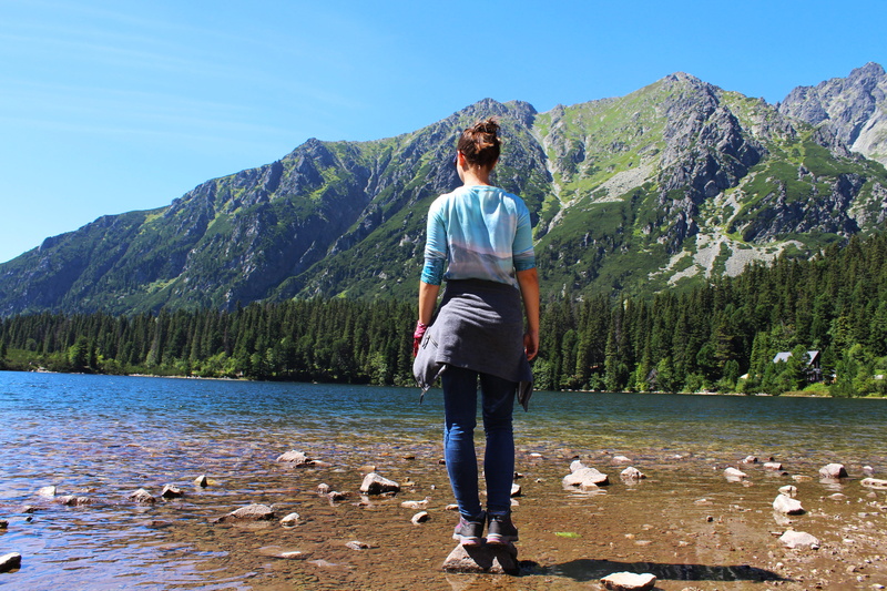 looking at view, lake, mountains, full length, water, tatry, scenics - nature, non-urban scene, idyllic, lifestyles, mountain, sky, standing, chillin, leisure activity